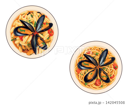 Delicious pasta with mussels and tomatoes, italian seafood dinner Delicious pasta with mussels and tomatoes, italian seafood dinner 142045508