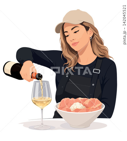 Woman pouring white wine into glass enjoying food 142045521