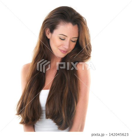 Studio, smile and woman with beauty in hair care for shampoo, shine and luxury salon treatment. Growth, glow and female person with happiness for hairdresser, keratin and volume on white background Studio, smile and woman with beauty in hair care for shampoo, shine and luxury salon treatment. Growth, glow and female person with happiness for hairdresser, keratin and volume on white background 142045623