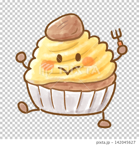 A cute watercolor-style Mont Blanc character, an illustration of a chestnut cake holding a fork. A cute watercolor-style Mont Blanc character, an illustration of a chestnut cake holding a fork. 142045627