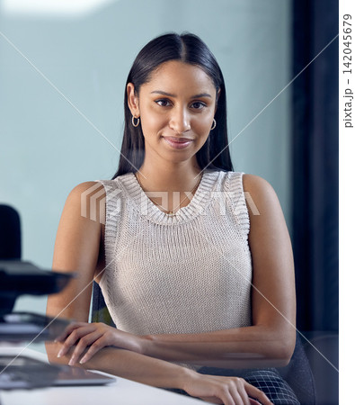 Administration, portrait and smile of business indian woman in office at night for project management. Desk, design and mission with confident employee in creative agency or workplace for development Administration, portrait and smile of business indian woman in office at night for project management. Desk, design and mission with confident employee in creative agency or workplace for development 142045679