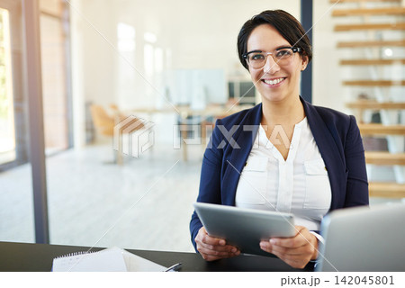 Portrait, tablet and woman in office, glasses and confidence for project, editor and corporate. Public relations, review and proofreading of articles, technology and online for company and web Portrait, tablet and woman in office, glasses and confidence for project, editor and corporate. Public relations, review and proofreading of articles, technology and online for company and web 142045801