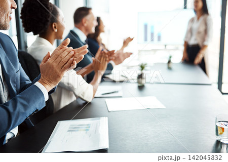 Business people, presentation and closeup of applause in office for good news, success and achievement. Clapping hands, celebration and accounting team in workplace for victory, congrats and meeting Business people, presentation and closeup of applause in office for good news, success and achievement. Clapping hands, celebration and accounting team in workplace for victory, congrats and meeting 142045832