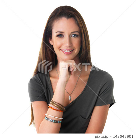 Woman, portrait and fashion in studio, hipster and smile for casual outfit on white background. Happy female person, university student and aesthetic for college, jewelry and cool style for trend Woman, portrait and fashion in studio, hipster and smile for casual outfit on white background. Happy female person, university student and aesthetic for college, jewelry and cool style for trend 142045901