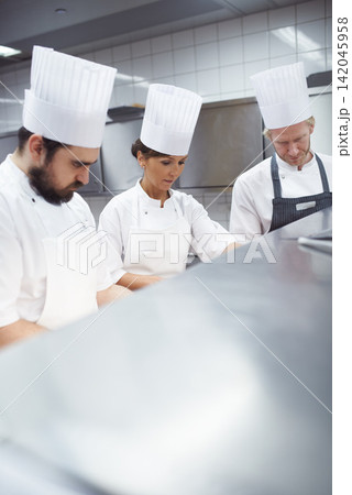 Chef, staff and working in professional kitchen, restaurant and gourmet meal prep and cooking together. Catering service, employee and culinary skills collaboration, hospitality industry and people 142045958