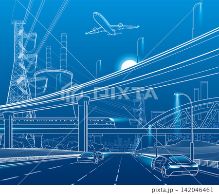 Modern transportation infrastructure with highway, high-speed train, airplane, power lines, bridges and city skyline. Futuristic urban mobility, logistics, energy, engineering and smart city developme Modern transportation infrastructure with highway, high-speed train, airplane, power lines, bridges and city skyline. Futuristic urban mobility, logistics, energy, engineering and smart city developme 142046461