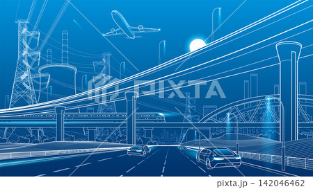 Modern transportation infrastructure with highway, high-speed train, airplane, power lines, bridges and city skyline. Futuristic urban mobility, logistics, energy, engineering and smart city developme 142046462