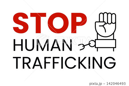 Vector illustration Stop Human Trafficking with raised fist and broken shackle. Liberation, modern slavery awareness, and human rights protest isolated on white. 142046493