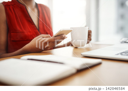 Woman, remote work or hands with phone for social media content, internet post or website notification. Digital nomad, application or person texting on online networking mobile app in home office 142046584