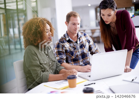 Teamwork, workplace and people working with laptop, business meeting and coworkers for web design or online project. Collaboration, together and technology for research information, company or review 142046676