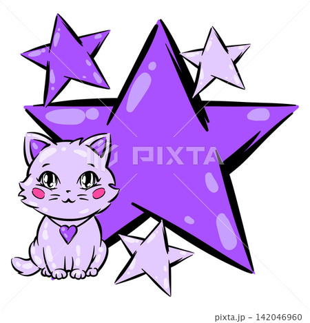 Anime kawaii cat with stars. Colorful cute print in cartoon style. Fashion illustration. Anime kawaii cat with stars. Colorful cute print in cartoon style. Fashion illustration. 142046960