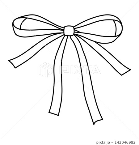 Black outline decor bow illustration. Ribbon with knot for gift card and design. Black outline decor bow illustration. Ribbon with knot for gift card and design. 142046982