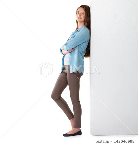 Fashion, portrait and woman in studio leaning on wall for confidence, pride or denim jeans with white background. Smile, arms crossed and female model for shirt, aesthetic or trendy clothes on mockup Fashion, portrait and woman in studio leaning on wall for confidence, pride or denim jeans with white background. Smile, arms crossed and female model for shirt, aesthetic or trendy clothes on mockup 142046999