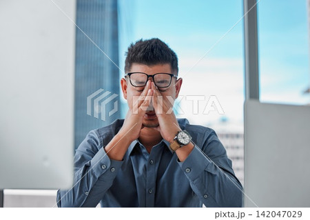 Business, office and man with headache, eye strain and anxiety with burnout, tired or overworked. Person, employee or consultant with migraine, depression or pain with company risk, stress or fatigue 142047029