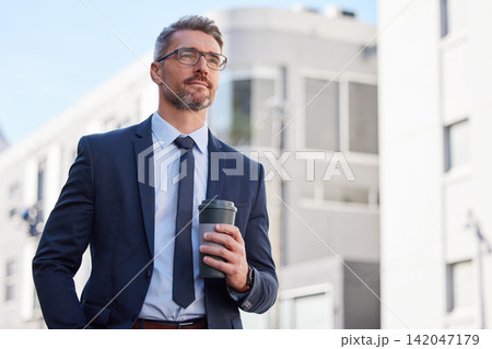 Confident, businessman and coffee in urban city for morning, travel and career in New York. Lawyer, corporate male person and hot beverage on sidewalk for journey, walking and pride in Manhattan 142047179