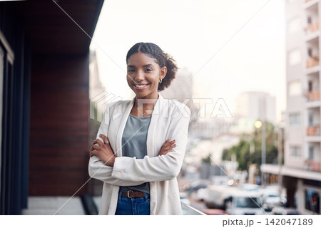 Crossed arms, city and portrait of business black woman with confidence, company pride and startup ideas. Professional, office and person in workplace for career, job and work opportunity on balcony Crossed arms, city and portrait of business black woman with confidence, company pride and startup ideas. Professional, office and person in workplace for career, job and work opportunity on balcony 142047189
