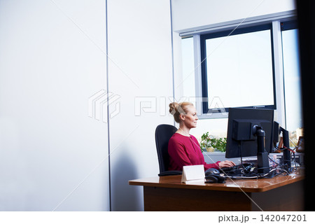 Business woman, computer and working on legal brief at office with mockup. Lawyer, web planning and professional with internet and website research for labour law case at attorney consultant company 142047201