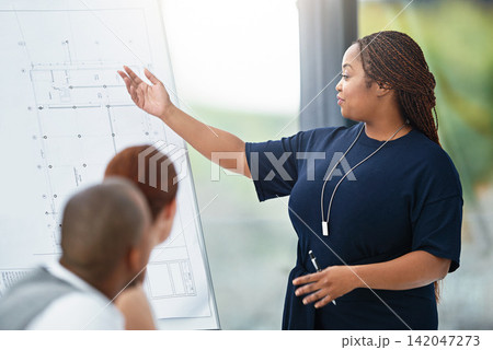Woman, presentation and architecture blueprints in meeting or remodel, proposal or brainstorming. Female person, clients and designer pitch for building development or floor plan, ideas or review Woman, presentation and architecture blueprints in meeting or remodel, proposal or brainstorming. Female person, clients and designer pitch for building development or floor plan, ideas or review 142047273
