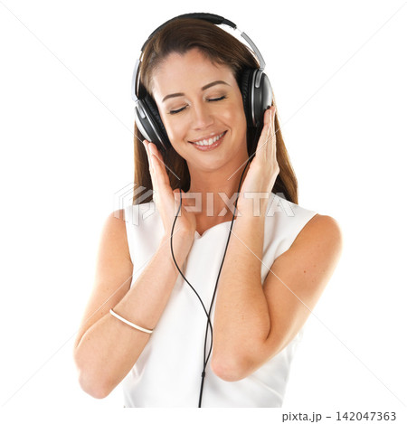 Smile, music and woman on headphones in studio for streaming and listening to audio online isolated on white background. Eyes closed, radio tech and happy girl on podcast, sound or jazz to relax 142047363