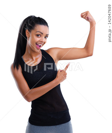Strong, muscle of woman and face from workout, exercise and training for wellness isolated on white background. Show, portrait or athlete for performance, gym and energy for sport in studio backdrop 142047689