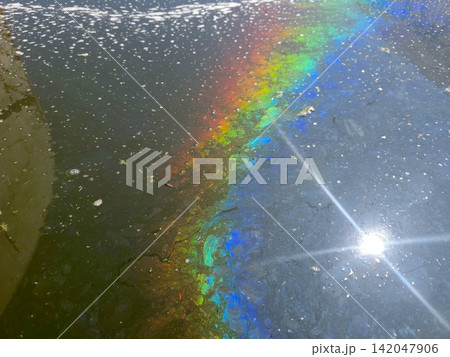 Colorful Rainbow Effect on Water Surface Caused by Oil or Fuel Spill 142047906