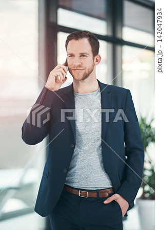 Business man, phone call and networking with job confidence and public relations worker. Office, mobile conversation and corporate professional with smile at company with happy employee Business man, phone call and networking with job confidence and public relations worker. Office, mobile conversation and corporate professional with smile at company with happy employee 142047934