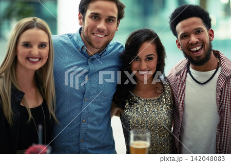 Portrait, friends and woman with hug, nightclub and party for people, smile and celebration for birthday. Bokeh, group and event for new year, weekend and alcohol to drink, disco or rave for festival Portrait, friends and woman with hug, nightclub and party for people, smile and celebration for birthday. Bokeh, group and event for new year, weekend and alcohol to drink, disco or rave for festival 142048083