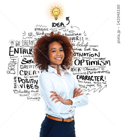 Black woman, portrait and confidence in studio for idea, words and happy on white background. Female person, letters and positive mindset for plan or business, text and pride for startup company Black woman, portrait and confidence in studio for idea, words and happy on white background. Female person, letters and positive mindset for plan or business, text and pride for startup company 142048180