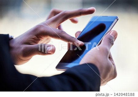 Hand, smartphone and swipe for communication, search and online website scroll. Person, cellphone and internet for social media, networking or travel booking with technology or app for research Hand, smartphone and swipe for communication, search and online website scroll. Person, cellphone and internet for social media, networking or travel booking with technology or app for research 142048188