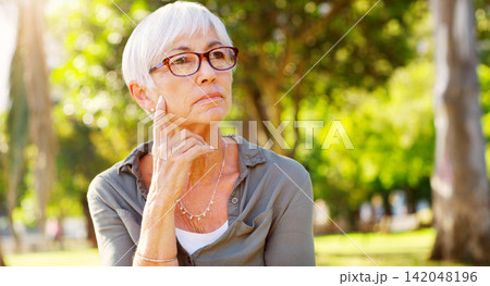 Elderly woman, vision or thinking at a park, reflection or remember with nostalgia and choice for life extension treatment. Retirement, wellness and relax with mindfulness and hope for antiaging Elderly woman, vision or thinking at a park, reflection or remember with nostalgia and choice for life extension treatment. Retirement, wellness and relax with mindfulness and hope for antiaging 142048196