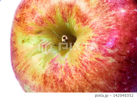 Red apple, nutrition and closeup with health, wellness and organic vitamins and snack. Fruit, plant and harvest with botanical produce, horticulture and spring vegetation isolated on white background Red apple, nutrition and closeup with health, wellness and organic vitamins and snack. Fruit, plant and harvest with botanical produce, horticulture and spring vegetation isolated on white background 142048352