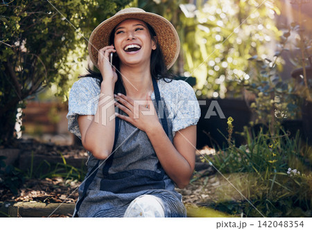 Woman, phone call and happy in garden for good news, conversation and discussion in home. Housewife, outdoor and laugh or smile with positivity, excitement and break from household activity with joy Woman, phone call and happy in garden for good news, conversation and discussion in home. Housewife, outdoor and laugh or smile with positivity, excitement and break from household activity with joy 142048354