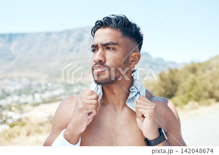 Fitness, thinking and body of man in road for running, wellness or marathon training in nature. Face, mindset and Indian athlete outdoor with workout resilience, progress or exercise attitude 142048674