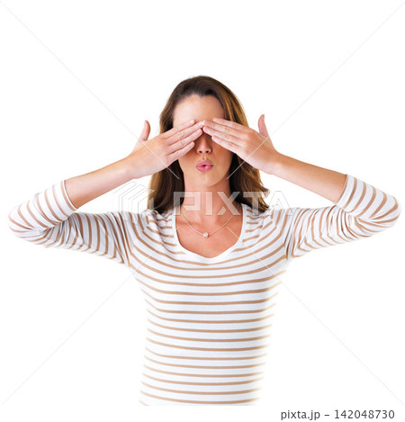 Eyes, cover and woman in studio, surprise and hide with hands, cheerful and silly for news or announcement. White background, girl and person with secret, mockup and pouting of model of Chicago Eyes, cover and woman in studio, surprise and hide with hands, cheerful and silly for news or announcement. White background, girl and person with secret, mockup and pouting of model of Chicago 142048730
