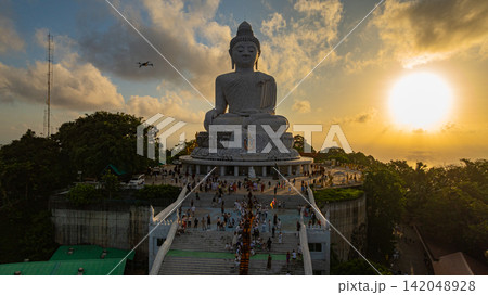 Aerial view of Religious Landmark Big Buddha Temple at Golden Hour Phuket Aerial view of Religious Landmark Big Buddha Temple at Golden Hour Phuket 142048928