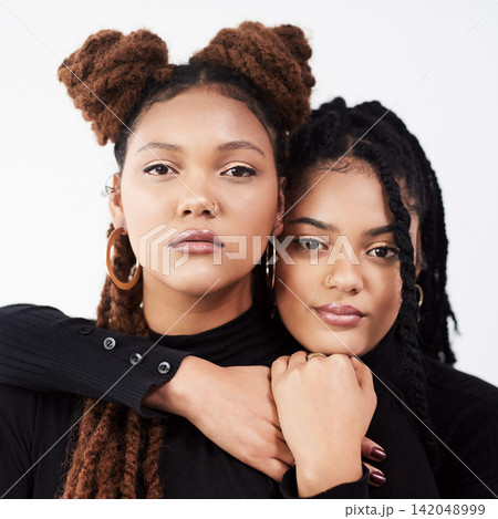 Attitude, portrait or serious sister black family in studio on white background for natural beauty. Braids, face and women with confident sibling people together for cosmetics, support or love 142048999