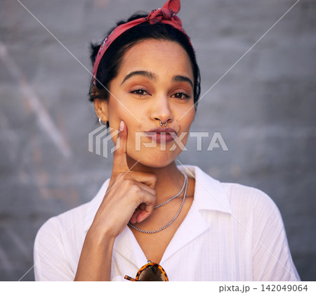 Fashion, portrait and pout with trendy woman on gray wall background for accessory style. Face, kiss and model with cute or happy young gen z person in bandana and chic clothes outfit for casual wear Fashion, portrait and pout with trendy woman on gray wall background for accessory style. Face, kiss and model with cute or happy young gen z person in bandana and chic clothes outfit for casual wear 142049064