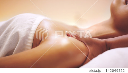 Spa, treatment and massage for woman client, shoulder and body for stress relief. Skincare, beauty and luxury service and cosmetology in holistic salon, zen or relax and beautician hands for wellness 142049322