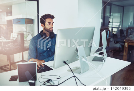 Office, serious and business man on laptop for planning, reading email or network online in creative startup. Pc, graphic designer and internet for project on computer, technology or info on software Office, serious and business man on laptop for planning, reading email or network online in creative startup. Pc, graphic designer and internet for project on computer, technology or info on software 142049396