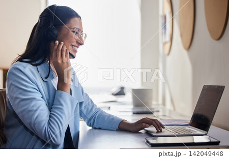 Call center, smile and woman with laptop in office for telemarketing, ecommerce and communication. Happy, consultant and technology with headset for customer service, client support and help in crm Call center, smile and woman with laptop in office for telemarketing, ecommerce and communication. Happy, consultant and technology with headset for customer service, client support and help in crm 142049448
