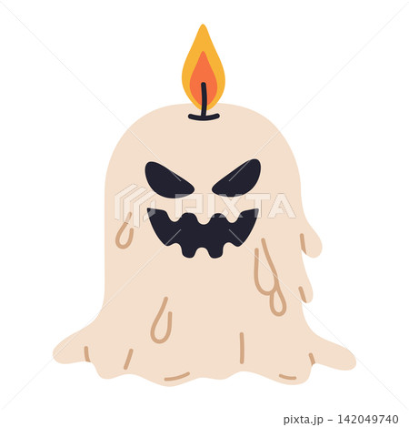Scary ghost candle. Halloween white ghost with evil face and flame on top flat vector illustration. Horror character isolated on white background 142049740