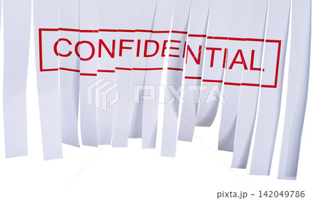 Shred, confidential or words on paper, document or top secret report to clear information or evidence in waste. Destruction, page or classified in policy, tear or privacy with cut on white background Shred, confidential or words on paper, document or top secret report to clear information or evidence in waste. Destruction, page or classified in policy, tear or privacy with cut on white background 142049786