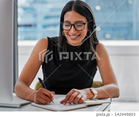Call center, writing notes and woman consultant in office for online crm consultation with headset. Technology, receptionist and female telemarketing advisor or secretary with communication and book. 142049803