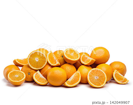 Vitamin C, citrus and orange with fiber, slices in studio for health or wellness in mockup space. Nutrition, healthy and food as fruit, antioxidant and juice for organic, eating and diet as snack Vitamin C, citrus and orange with fiber, slices in studio for health or wellness in mockup space. Nutrition, healthy and food as fruit, antioxidant and juice for organic, eating and diet as snack 142049907