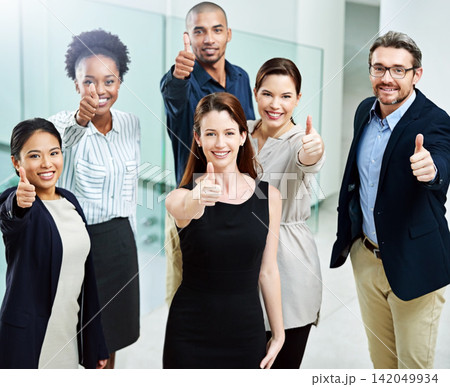 Smile, thumbs up and portrait of business people in office for teamwork, collaboration and leadership. Happy, pride and group of finance advisors with approval or satisfied hand gesture in workplace. 142049934