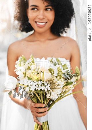 Woman, bride and flowers on wedding day for marriage outdoor or celebration, ceremony or gown. Female person, bouquet and summer event in backyard park for commitment reception, party or milestone Woman, bride and flowers on wedding day for marriage outdoor or celebration, ceremony or gown. Female person, bouquet and summer event in backyard park for commitment reception, party or milestone 142050026