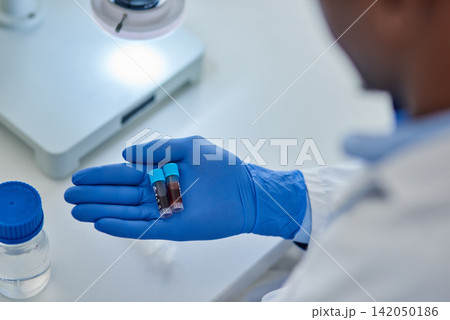 Healthcare, hand or scientist with blood, sample or vial for research, study or innovation in laboratory. Medical, forensics or doctor with liquid in container for dna engineering, test or experiment Healthcare, hand or scientist with blood, sample or vial for research, study or innovation in laboratory. Medical, forensics or doctor with liquid in container for dna engineering, test or experiment 142050186