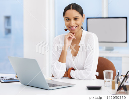 Creative, laptop and portrait of girl in office building of designer company and editor for agency. Woman, happy and technology for proofreading online article in Atlanta, professional and positive. Creative, laptop and portrait of girl in office building of designer company and editor for agency. Woman, happy and technology for proofreading online article in Atlanta, professional and positive. 142050350