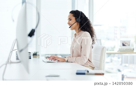 Call center, computer and happy consultant woman in telemarketing office for online assistance or help. Contact us, desk and microphone with sales agent or operator in workplace for customer support Call center, computer and happy consultant woman in telemarketing office for online assistance or help. Contact us, desk and microphone with sales agent or operator in workplace for customer support 142050380