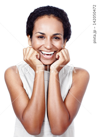 Woman, studio and shock for sale in portrait, omg and celebrate for lottery prize or promotion. Female person, giveaway and surprise for deal on white background, discount and wow for bonus or reward 142050472